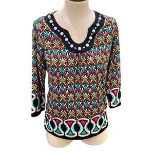 R.Q.T Petite Beaded Embellishments Geometric Patterned Blouse Women's Small
